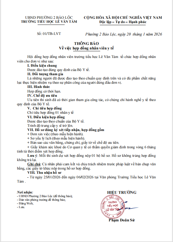 THÔNG BÁO TUYỂN DỤNG NHÂN VIÊN Y TẾ TRƯỜNG HỌC 