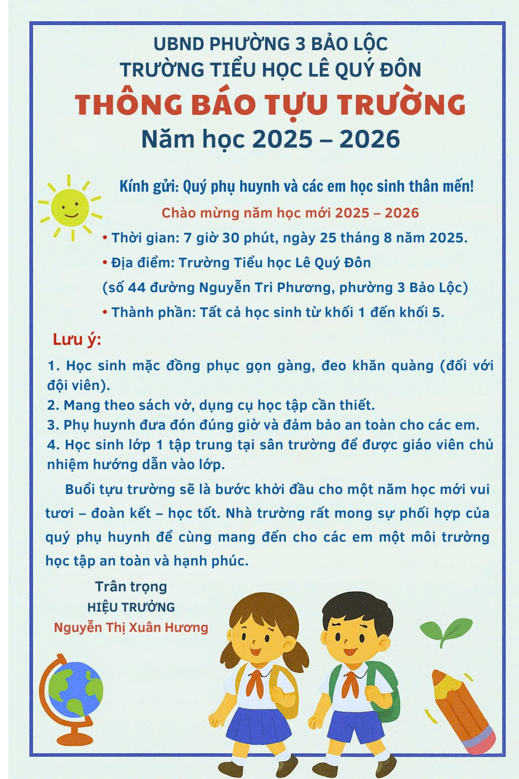 Trường tiểu học Lê Quý Đôn thông báo thời gian tựu trường năm học 2025 - 2026