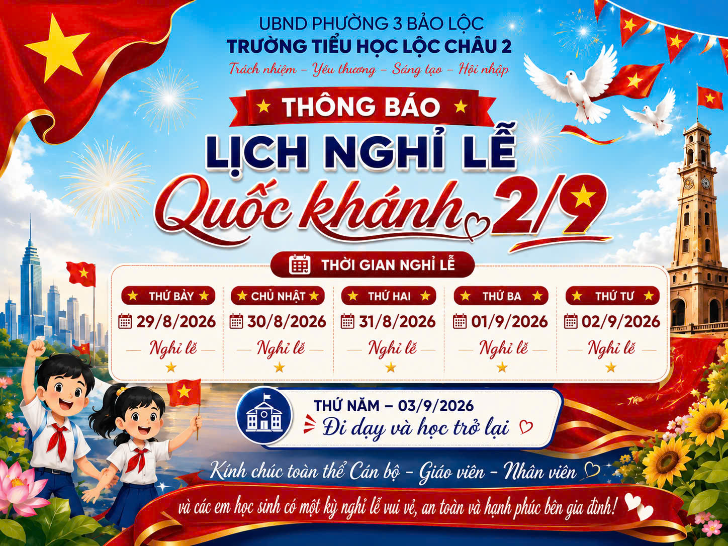 TRƯỜNG TIỂU HỌC LỘC CHÂU 2 THÔNG BÁO NGHỈ LỄ QUỐC KHÁNH 2/9/2026