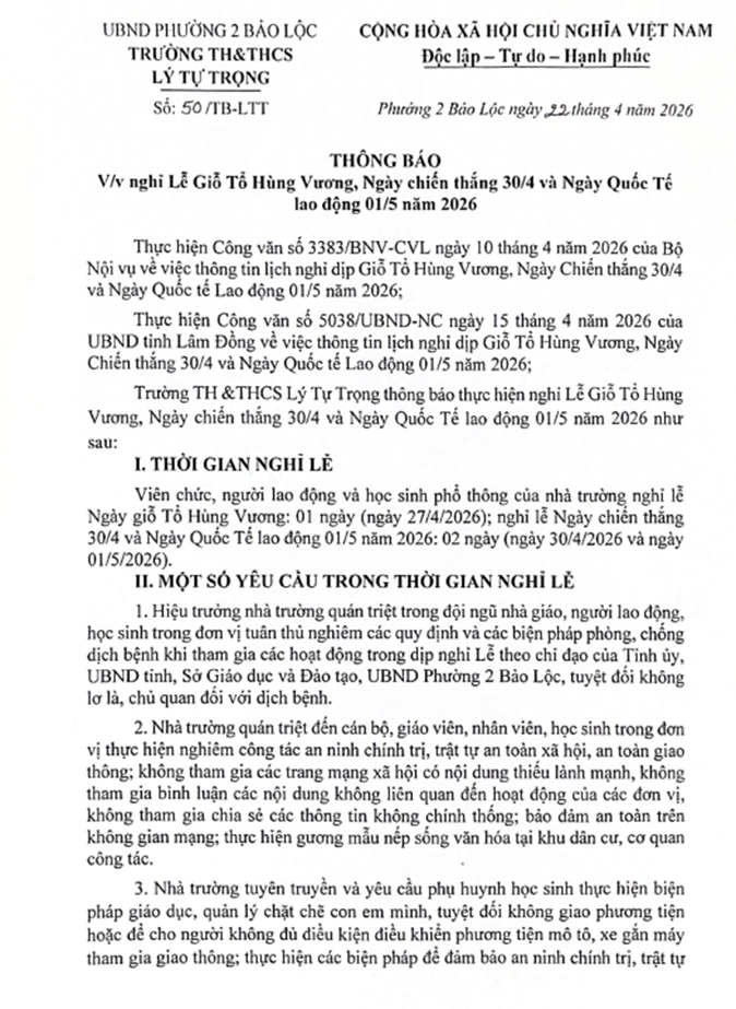 THÔNG BÁO NGHỈ LỄ THÁNG 4-2026