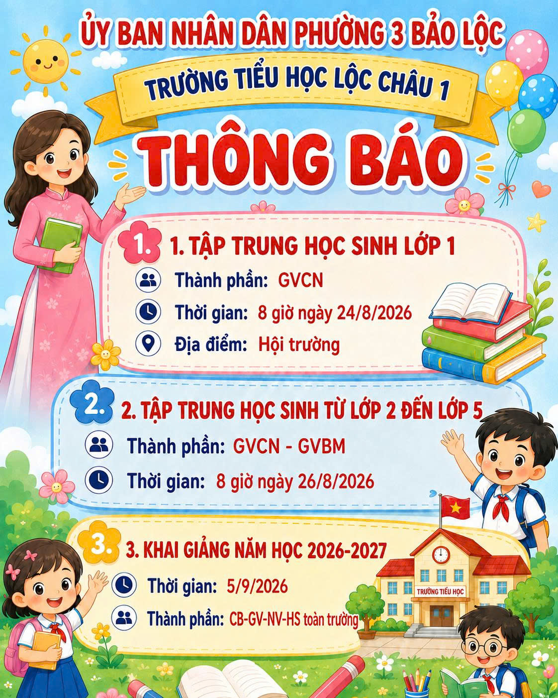 THÔNG BÁO LỊCH TẬP TRUNG HỌC SINH VÀ LỄ KHAI GIẢNG NĂM HỌC 2026-2027